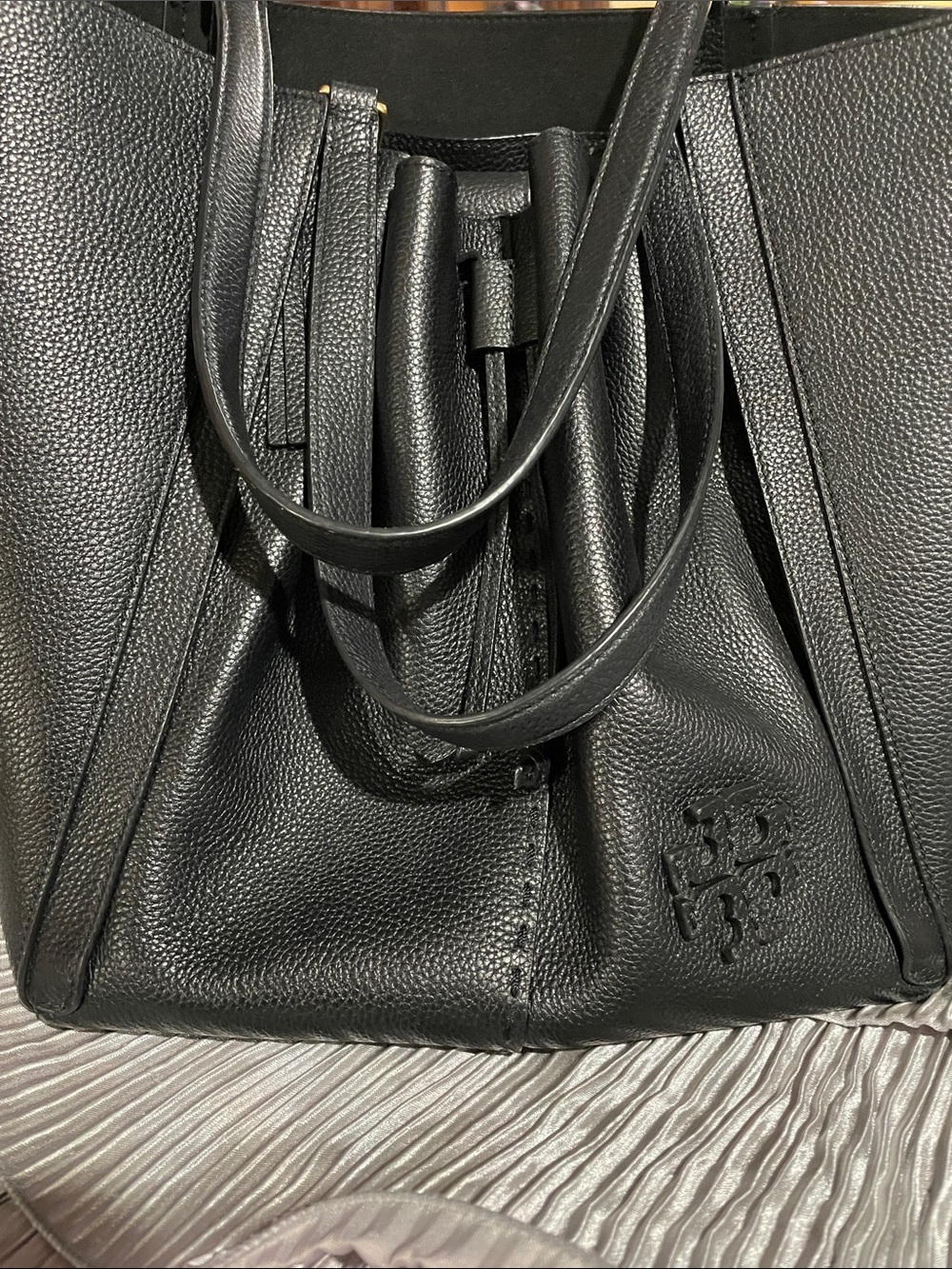 Tory Burch Black Pebbled Leather Tote with Gold Hardware